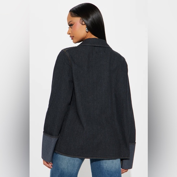 NEW! FASHION NOVA 'Nour' Pinstripe Cuffed Oversized Denim Blazer Jacket - Picture 9 of 14